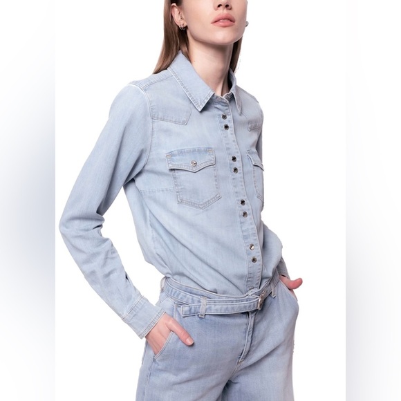 NWT Pinko- Caroline Camicia Light Blue Denim Twill Top. Size US 4 - Picture 1 of 7